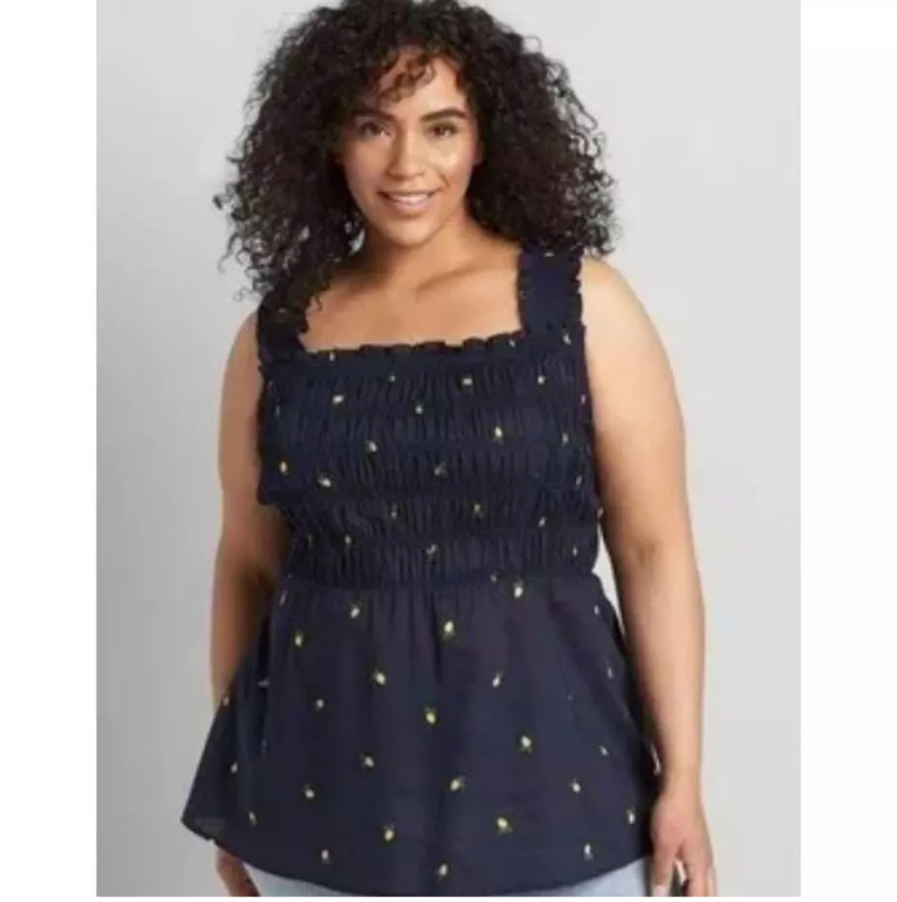 Lane Bryant Womens Lemon Print Smocked Ruffle Tank Top 16 Navy A22